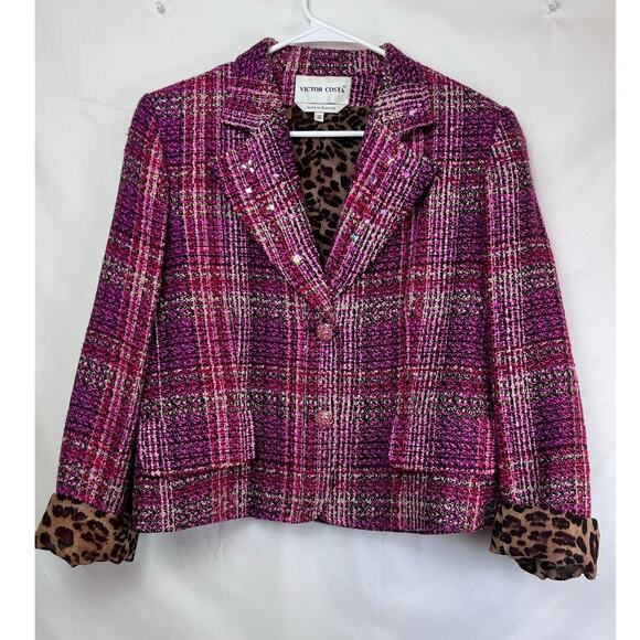 Victor Costa Womens 12 Pink Metallic Long Sleeve Leopard Print Jeweled Blazer - Picture 1 of 9